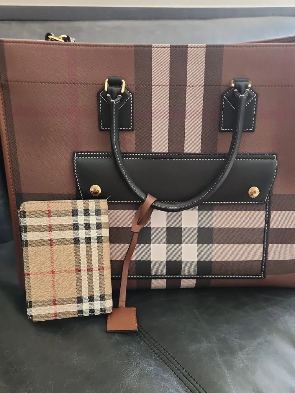 Burberry Brown Plaid Tote with Black Handles and Gold Hardware